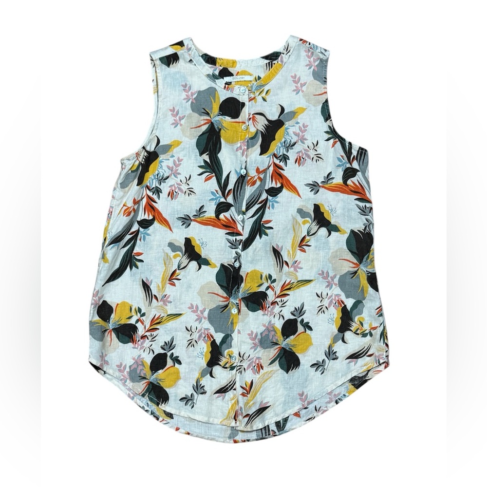 Linen Mother of Pearl Floral Button-Up Tank Top Blouse